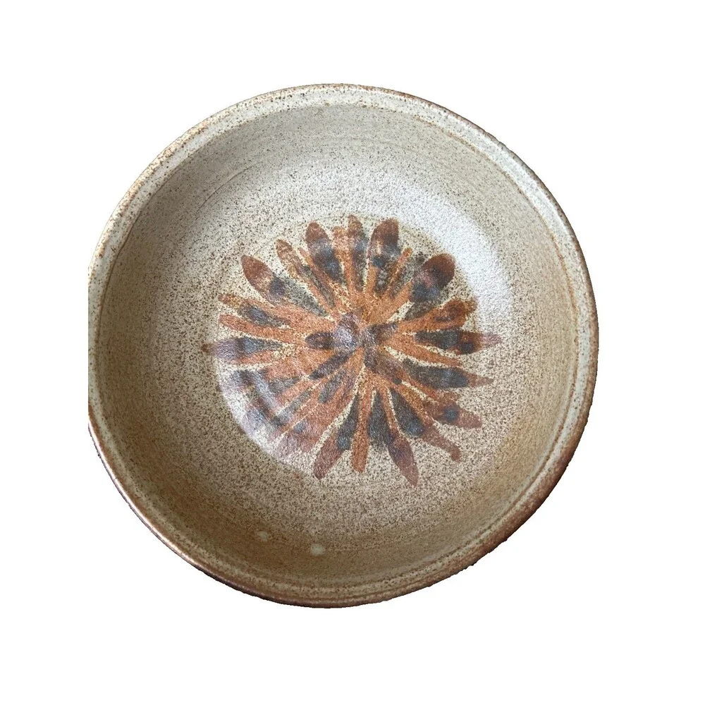 Signed WRW ’83 Studio Art Pottery Stoneware Bowl, Hand-Thrown, Floral/Sunburst